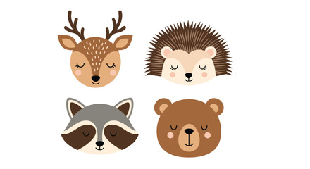 Obraz premium Set of four adorable forest animal heads featuring a deer, hedgehog, raccoon, and bear with closed eyes in a soft cartoon style.