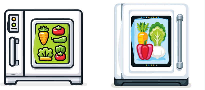A sleek smart fridge door in a minimalist design showcases vibrant vegetables with a digital screen displaying nutrient analysis, all set against a clean white background