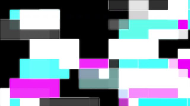 Abstract digital datamosh pixel distortion. A dynamic 2D glitch screen with solid white blocks rupturing the frame, starkly contrasted against a deep black void.