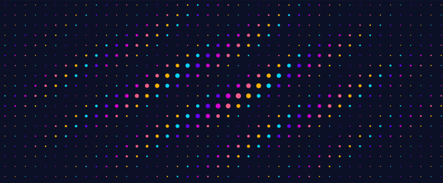 Abstract Irregular Dotted Pattern Wavy Halftone Texture Dynamic Colorful Wave Background for Action Sport, Cyber Sport, Science, Edtech, Music, Future Technology. Bright Rainbow Dots Vector Backdrop.