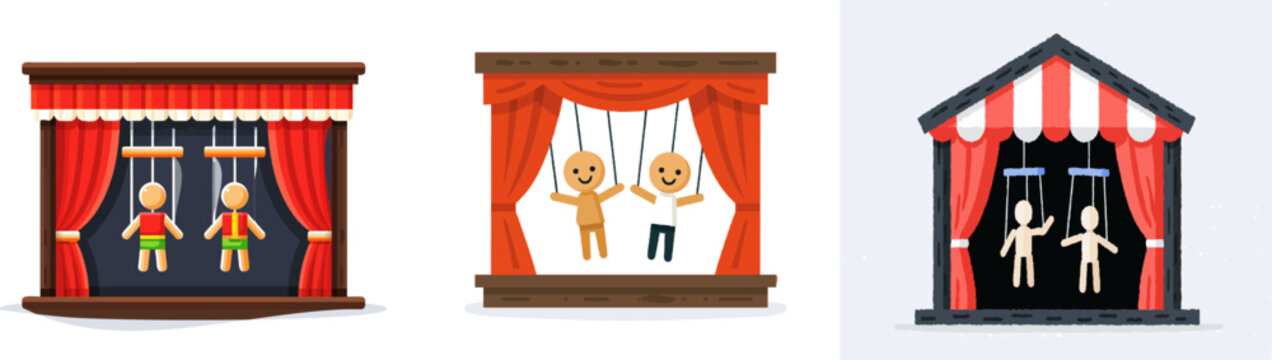 A minimalist puppet theater stage with red curtains and two simple wooden marionettes suspended by strings in a flat 2D vector art design