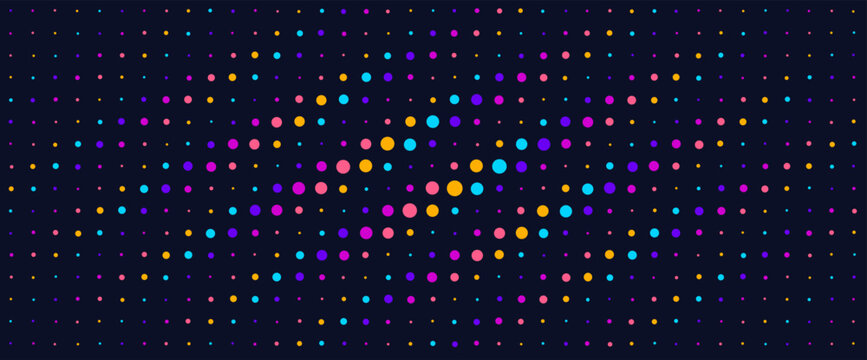 Abstract Irregular Dotted Pattern Wavy Halftone Texture Dynamic Colorful Wave Background for Action Sport, Cyber Sport, Science, Edtech, Music, Future Technology. Bright Rainbow Dots Vector Backdrop.