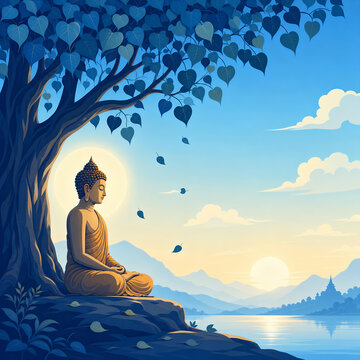 Lord Buddha Meditating under Bodhi Tree background for Vesak and Poya Wishes Vector design 