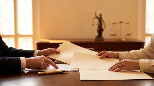 Two people reviewing legal documents on a wooden desk in an office setting.