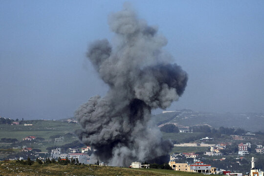 Thick smoke rises over southern Lebanon following a devastating Israeli military airstrike as seen from the hilltop town of Marjayoun amid the intensifying and destructive military conflict.