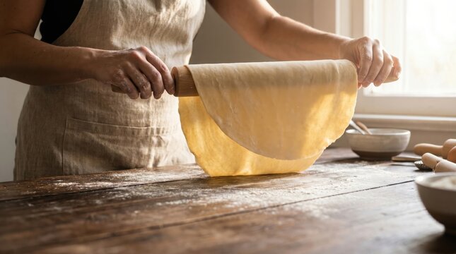 Woman Rolling Dough on Wooden Table for Baking Homemade Pastries.