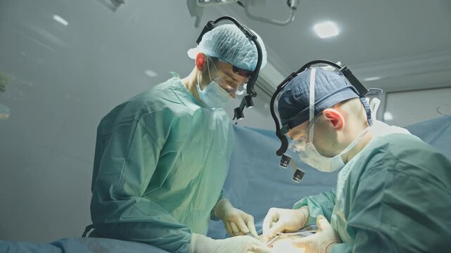 Two surgeons man suturing patient on operating table surgical procedure operation finishing operate in hospital doctors teamwork stitching wound precision medicine clinical practice modern surgery