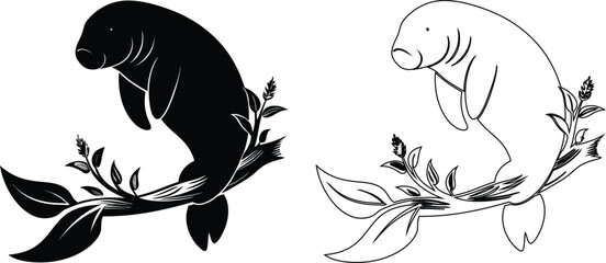 Obraz premium Manatee silhouette and outline with aquatic plants sea cow marine mammal