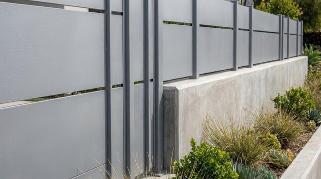 Modern modular metal fence with smooth grey panels mounted on a concrete wall surrounded by green shrubs and ornamental grasses in outdoor garden setting on a sunny day
