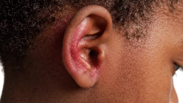 Closeup of a persons ear showing skin inflammation and redness