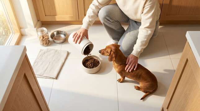 An overhead view of a person kneeling on a bright kitchen floor pouring dry kibble from a container into a bowl for an eager brown dachshund dog at feeding time