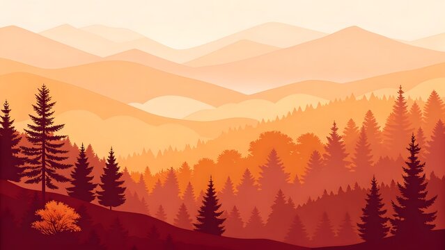 Beautiful landscape with silhouettes of pine trees and mountains in sunset light, vector illustration