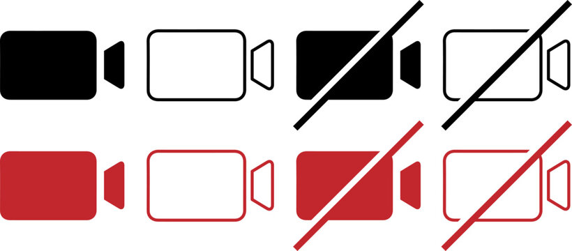 Video camera icon set, solid and outline style with disabled status