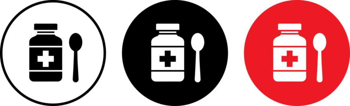 Medicine bottle and spoon icon set