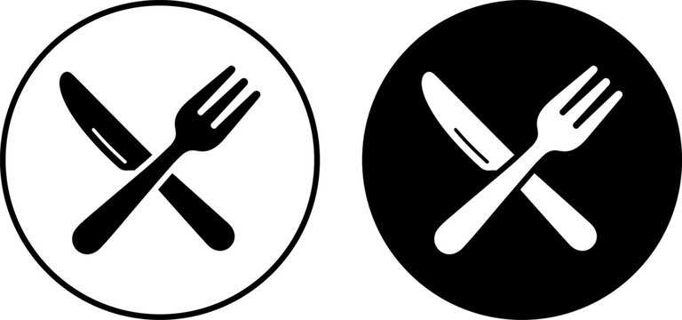 Crossed knife and fork icon set, restaurant or dining symbol