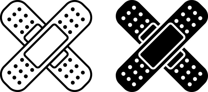 Two adhesive bandages in cross shape, outline and solid icons