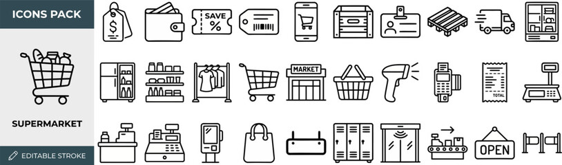 Supermarket and Retail Store outline icon set. Featuring cart, basket, barcode, scale, and shelf symbols. Editable stroke vector icons for retail POS system and grocery shopping app. © Pixel_Forge