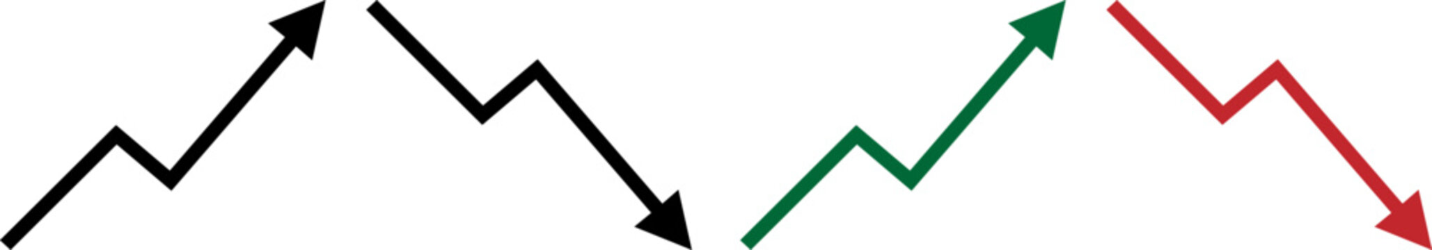 Set of four simple line graphs with arrows showing upward and downward trends