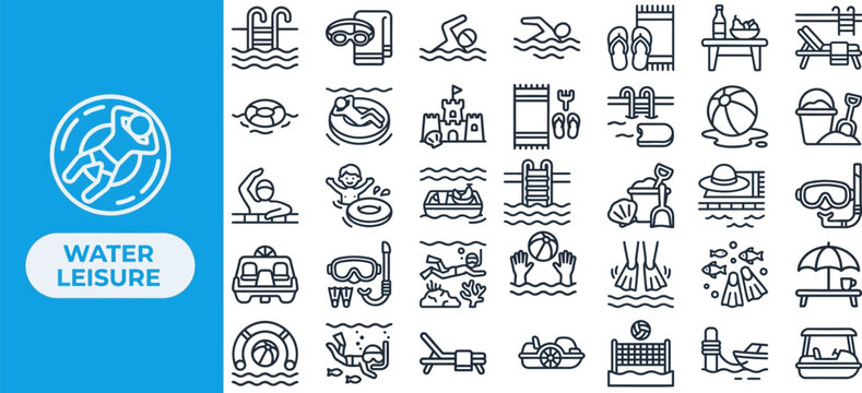 Water Leisure and Pool Activity outline icon set. Featuring slide, fountain, swimmer, raft, and diving board symbols. Editable stroke vector icons for aquatic center app and waterpark booking site.