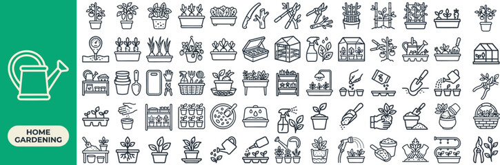 Home Gardening and Plant Care outline icon set. Featuring pot, watering can, shovel, seedling, and flower symbols. Editable stroke vector icons for gardening app and plant nursery website. © Pixel_Forge