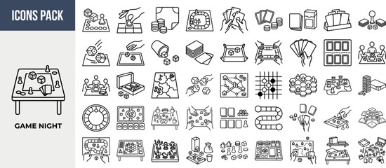 Game Night and Tabletop Fun outline icon set. Featuring dice, cards, console, board, and joystick symbols. Editable stroke vector icons for gaming community app and entertainment event site. © Pixel_Forge