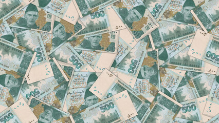 Fototapeta premium Seamless pattern. Financial illustration. Many scattered pakistani 500 rupee banknotes. Obverse reverse. Money islamic Republic of Pakistan. Five hundred rupees. Economic texture. Wallpaper background