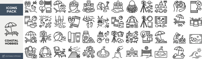Coastal Living and Seaside outline icon set. Featuring boat, lighthouse, shell, anchor, and wave symbols. Editable stroke vector icons for beach resort and marine tourism website. © Pixel_Forge