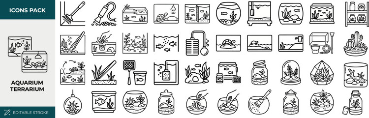 Aquarium and Terrarium outline icon set. Featuring fish tank, coral, plant, turtle, and pump symbols. Editable stroke vector icons for aquascaping hobby shop and pet store catalog. © Pixel_Forge