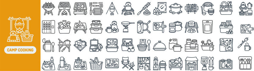 Camp Cooking and Outdoor Meal outline icon set. Featuring campfire, pot, grill, kettle, and tent symbols. Editable stroke vector icons for camping gear shop and outdoor recipe blog. © Pixel_Forge