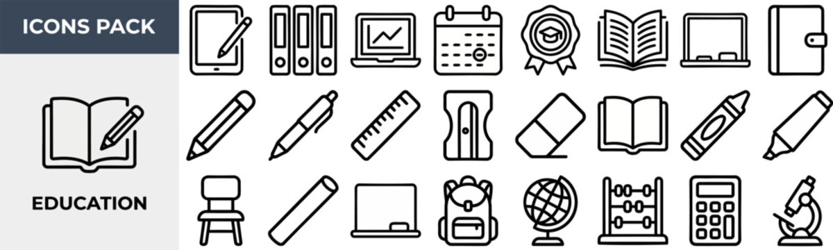 Education and School Supply outline icon set. Featuring book, pencil, ruler, microscope, and graduation symbols. Editable stroke vector icons for e-learning platform and online course website.
