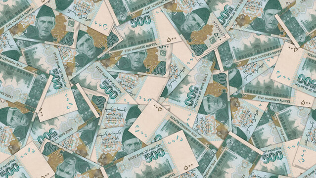 Seamless pattern. Financial illustration. Many scattered pakistani 500 rupee banknotes. Obverse reverse. Money islamic Republic of Pakistan. Five hundred rupees. Economic texture. Wallpaper background