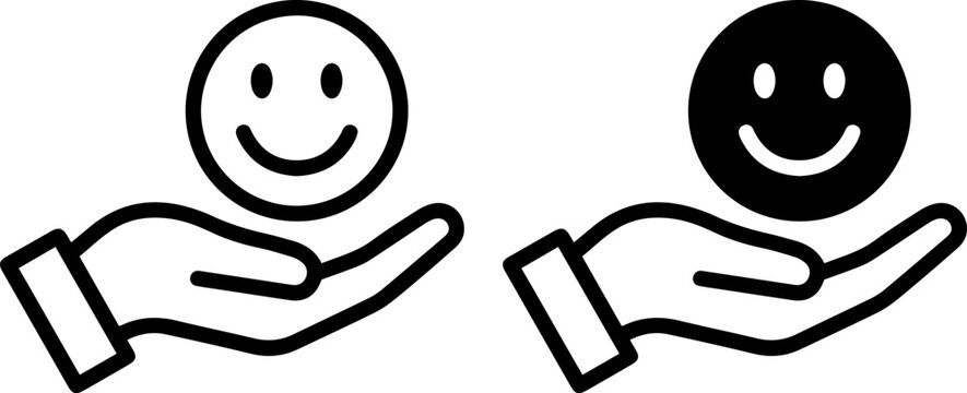 Hand holding a smiley face icon, customer satisfaction concept