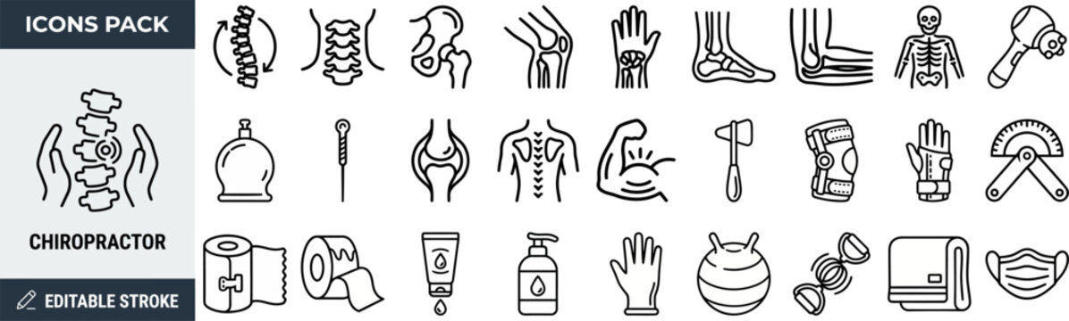 Chiropractor and Physiotherapy outline icon set. Featuring spine, joint, massage, posture, and stretch symbols. Editable stroke vector icons for orthopedic clinic and rehabilitation therapy app.