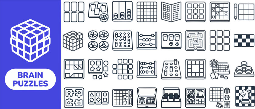 Brain Puzzle and Logic Game outline icon set. Featuring cube, maze, jigsaw, board, and riddle symbols. Editable stroke vector icons for puzzle mobile game and brain training app.