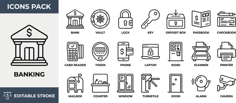 Banking and Financial Service outline icon set. Featuring bank, vault, lock, key, and card symbols. Editable stroke vector icons for fintech mobile app and online banking platform.