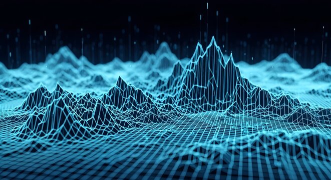 Digital blue landscape with wireframe grid representing mountain terrain and data visualization for technology concept.