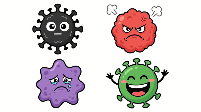 Cute Cartoon Virus Characters Expressing Different Emotions