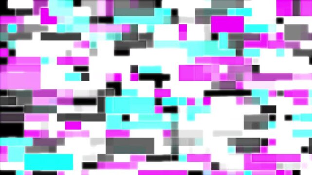 2D Digital Datamosh Glitch: Dynamic motion graphics show 100 stark white blocks, creating corrupted pixel noise on a deep black background. Cyber error.