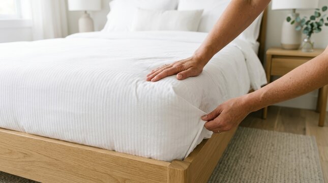 Woman hands tucking white striped bed sheet onto mattress while making up luxury bedding in bright modern bedroom.
