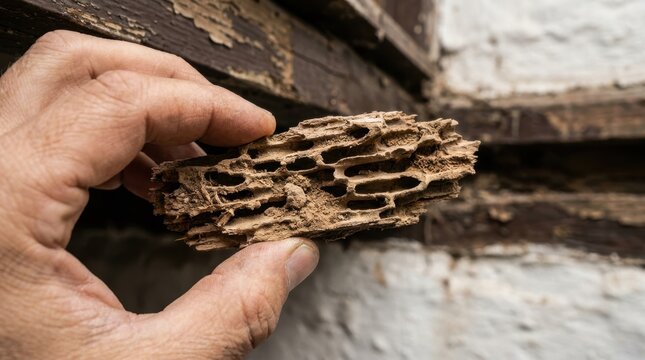 A close up of a hand holding a piece of wood damaged by termites against a distressed wall.