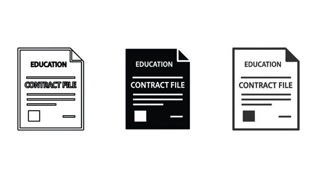 Education contract file document icons featuring text labels in line art black silhouette and flat design styles for academic paperwork