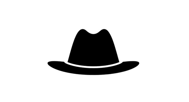 Minimal black silhouette icon, simple flat vector, bold black shape, no, no shading black fedora hat icon on a, flat icon style