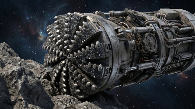 Futuristic Industrial Mining Drill Machine Boring into Rocky Asteroid Surface