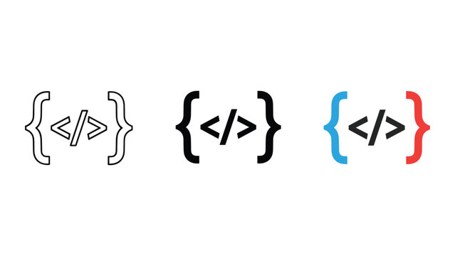 Software development coding bracket icons featuring curly braces with slash symbol in outlined black and dual colored flat design variations