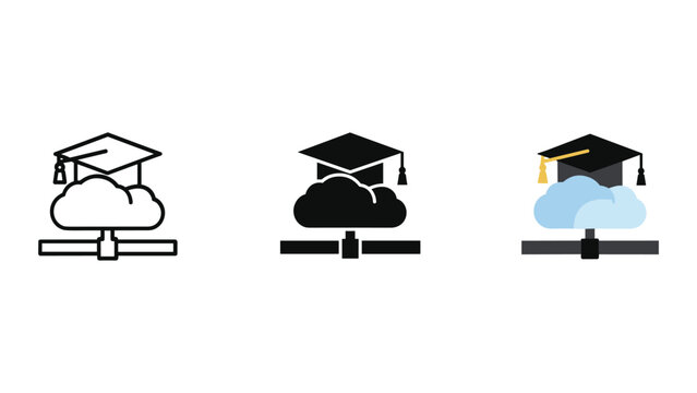 Educational cloud computing concept icons showing graduation cap on top of server network infrastructure in multiple design styles