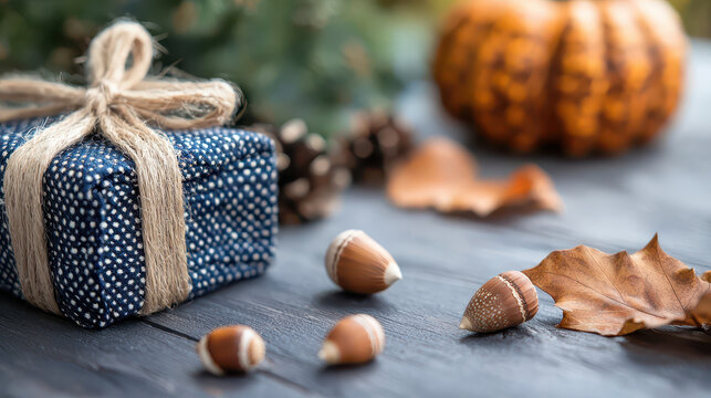 Beautifully wrapped gift box with rustic twine bow, surrounded by autumn leaves, acorns, and decorative pumpkin, evokes cozy fall atmosphere