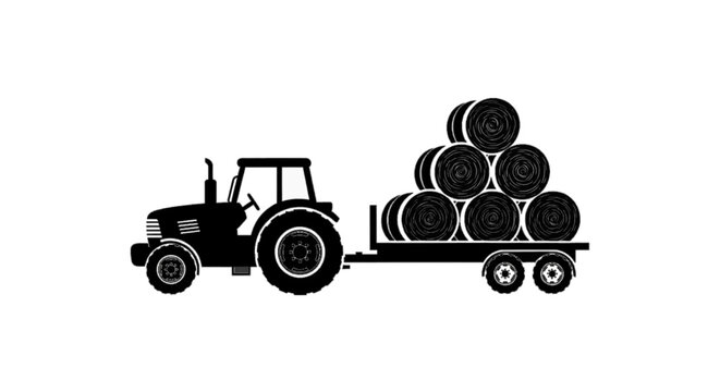 Minimal black silhouette icon, simple flat vector, bold black shape, no, no shading tractor with a trailer loaded with round hay bales on a, flat icon style