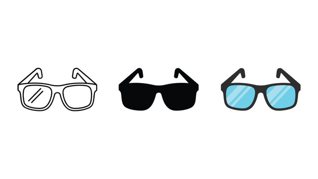 Protective eyewear or sunglasses icons set in outline solid black and blue lens variants for vision health and outdoor fashion interface design