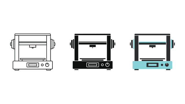 3D printer machinery icons set featuring linear solid and cyan highlighted styles for additive manufacturing and rapid prototyping industry software