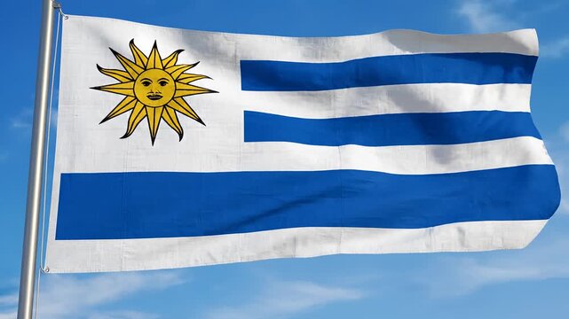 Uruguayan Flag Waving Proudly Against a Clear Blue Sky.